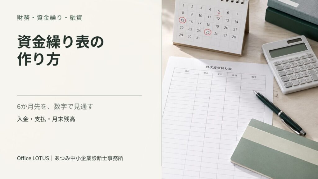 資金繰り表、カレンダー、電卓を配置した、資金繰り表の作り方の記事アイキャッチ
